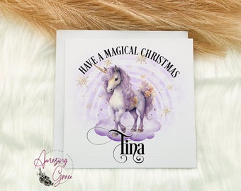 Magical Christmas personalised card, lilac unicorn Christmas card, Personalised Christmas card, 6x6" linen effect Christmas card