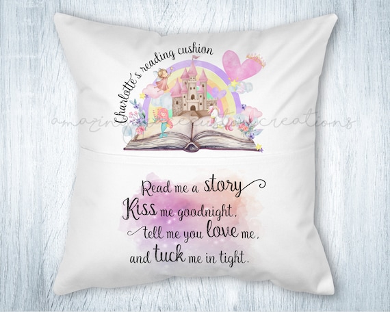 Reading cushion personalised design - book pocket Cushion - fairy tale children's cushion - personalised cushion gift - gift for book lover