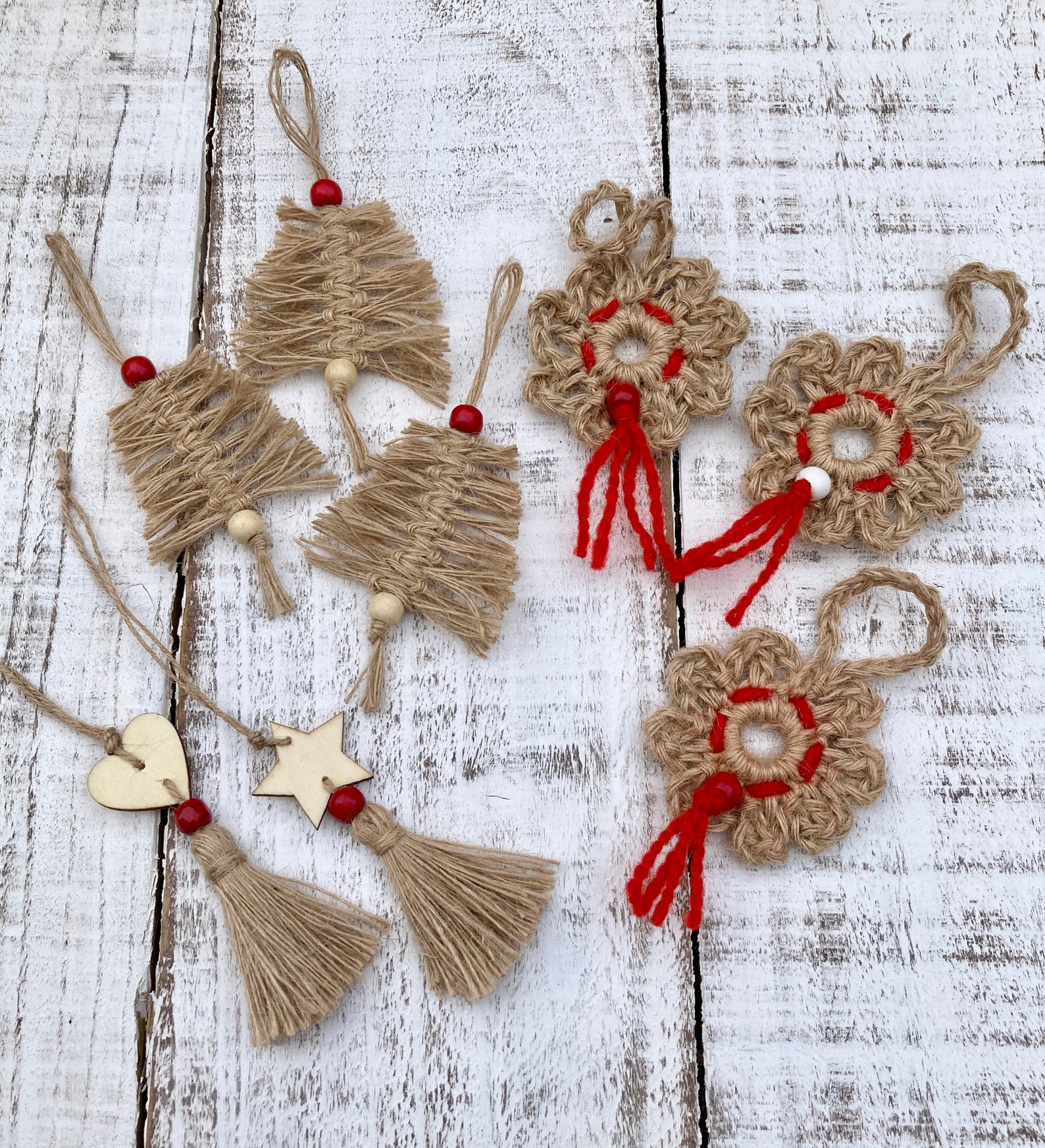Jute Christmas Set Crochet Ornaments Eco Decor Macrame Etsy