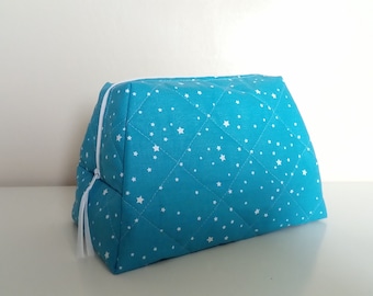 Toilet kit, "bowling" shape in quilted cotton oeko tex 100 blue, printed white stars