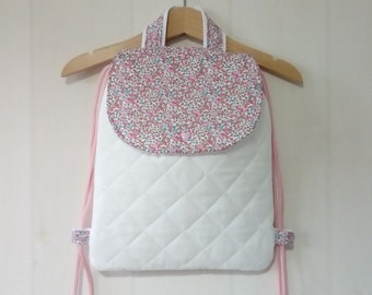 Sac à dos enfant en coton matelassé blanc certifié oeko tex et liberty of London "Eloïse" rose