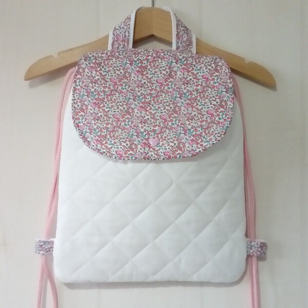 Sac à dos enfant en coton matelassé blanc certifié oeko tex et liberty of London "Eloïse" rose