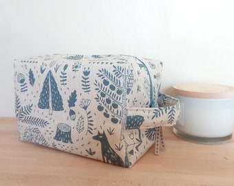 Large toiletry bag / vanity case in beige and blue-gray linen cotton, childish print "floral and animal"