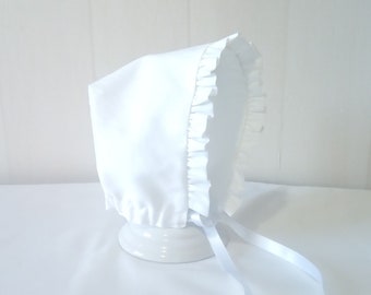 Retro baby bonnet/hat with ruffled border in white milleraies cotton pique and white cotton voile
