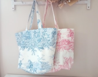 Grand sac, cabas, en toile de jouy sur fond écru doublée de toile déperlante écrue