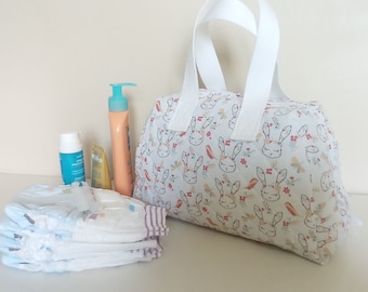 Toiletry kit / vanity case of large capacity in white quilted cotton printed childish "rabbit", turquoise, gray, red, ocher