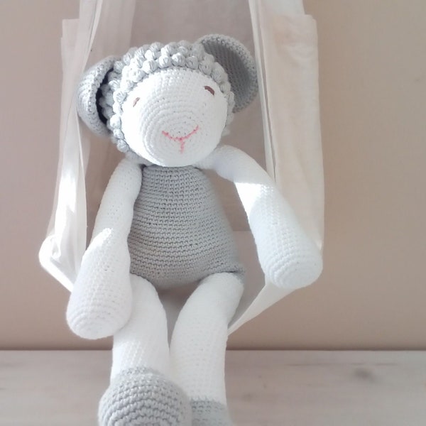 Large sheep softie, hand-hooked lamb, 100% white cotton and pearl grey amigurumi