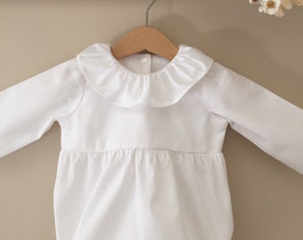 Retro baby baptism romper in white milleraies cotton pique embellished with a ruffled collar