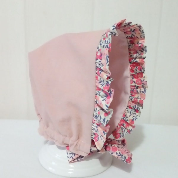 Retro baby hat/beguin ruffled ruffled velvet blotting pink and liberty of London wiltshire pink