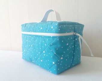 Large Toiletry Bag / vanity case in turquoise quilted cotton printed "white stars"