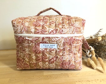 Vanity case / large capacity toiletry bag in beige floral cotton and oekotex terracotta lined with ecru cotton