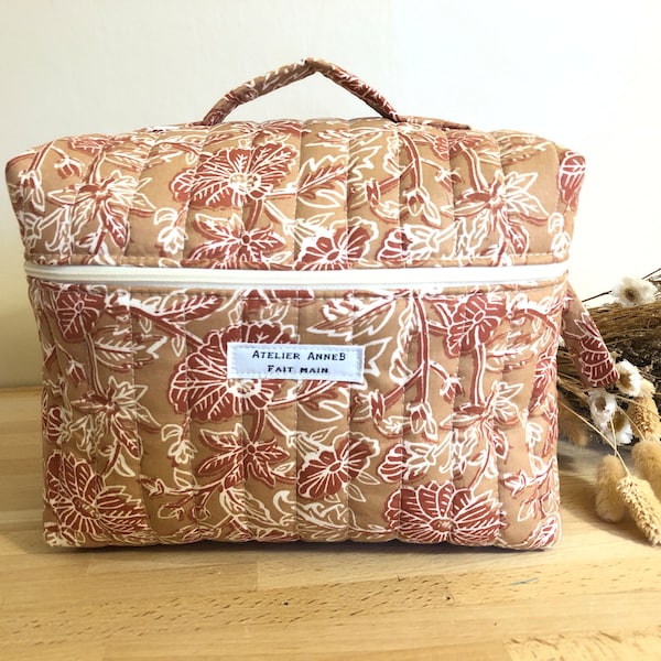 Vanity case / trousse de toilette de grande capacité en coton fleuri beige et terracotta oekotex doublée de coton écru