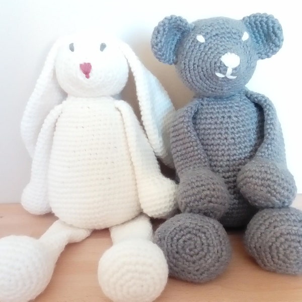 Grand doudou lapin ou ours crocheté main, amigurumi, en laine vierge majoritaire