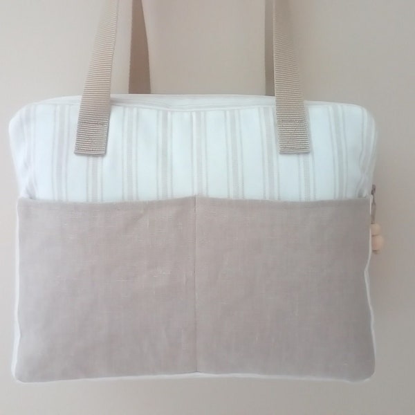 Sac à langer, week-end, de maternité, personnalisable, en coton ouatiné toile à matelas blanc et grège et en  lin naturel