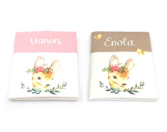 Protects personalized health book, embroidery name, theme doe, fawn (other animals possible)