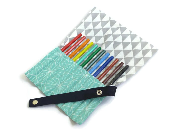 Trousse à Crayons, Trousse Rouler, Pochette Rouler Pour Personnalisée, Motif Géométrique Menthe L'ea