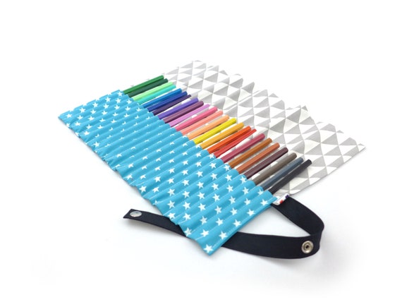 Pencil Kit, Rolling Kit, Pencil or Marker Pouch, Custom Kit, Duck Blue and  Gray Triangle 