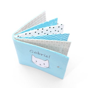 Album photo tissu personnalisé, 8, 12 ou 16 photos, couverture turquoise, tissus taupe bleu,tissu chat
