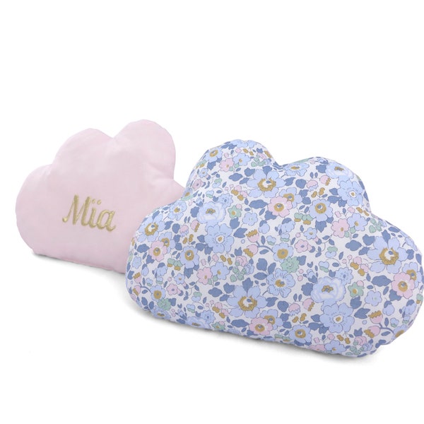 Personalized cloud cushion embroidered in liberty betsy denim