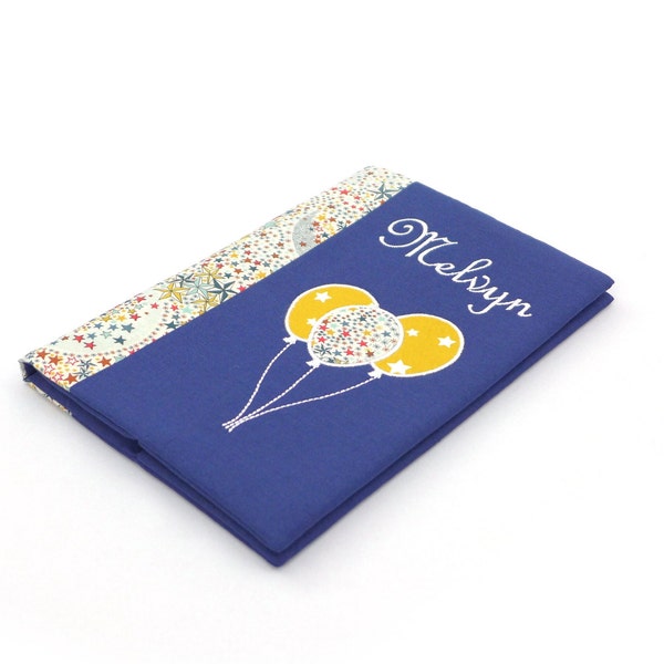 Protège carnet de santé personnalisé, liberty adelajda multicolore, motif ballon, coton bleu marine (ou jaune ou rouge)