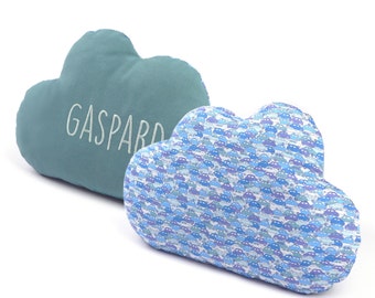 Personalized cloud cushion embroidered in blue liberty cars