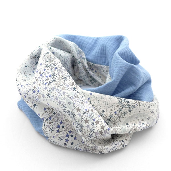 Snood printemps, tour de cou léger, double gaze de coton et liberty, pour enfant ou adulte