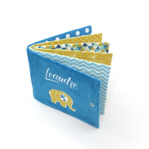 Personalized fabric photo album, soft photo album, duck blue cover, duck blue and mustard fabrics, 8, 12 or 16 photos