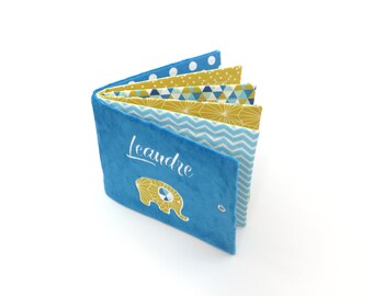Personalized fabric photo album, cuddly photo album, duck blue cover, duck blue and mustard fabrics, 8, 12 or 16 photos