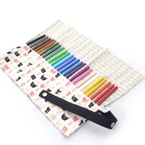 Pencil case, rolling kit, rolling pouch for pencils or markers, personalized kit, cat and fish theme