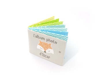 Personalized fabric photo album, soft photo album, light taupe cover, orange, blue, green and yellow fabrics, 8, 12 or 16 photos