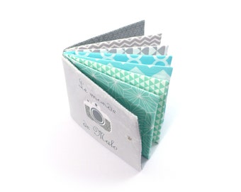 Personalized fabric photo album 8, 12 or 16 photos - combination of sky blue, gray and mint fabrics