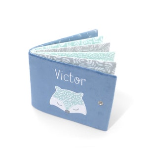 Personalized fabric photo album, cuddly photo album, denim blue cover, nature, blue, gray and mint patterned fabrics, 8, 12 or 16 photos