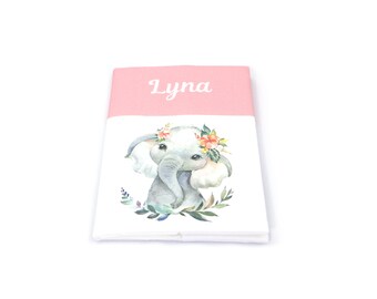 Protects personalized health book, embroidery name, elephant theme (other animals possible)