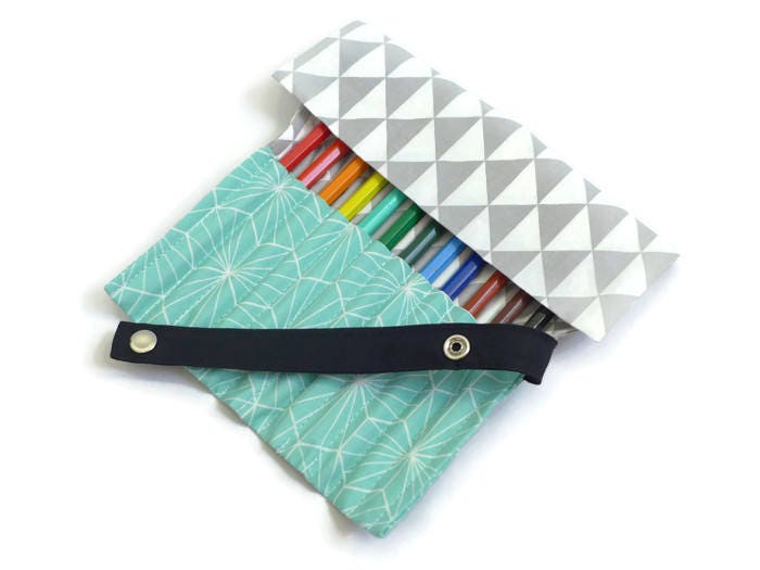 Pencil Kit, Rolling Kit, Pencil or Marker Pouch, Custom Kit, Duck Blue and  Gray Triangle 