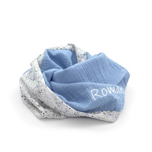 Personalized spring snood, light neck warmer, double cotton gauze and liberty, for child or adult, first name or word embroidery