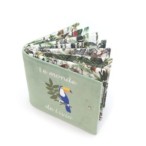 Personalized fabric photo album, rosemary green cover, green toned fabrics, jungle, toucan, tiger theme, 8, 12 or 16 photos