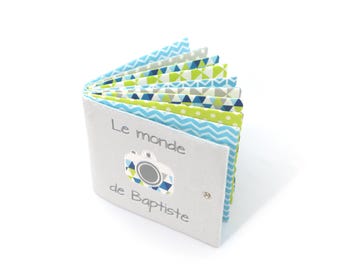 Personalized fabric photo album, cuddly photo album, gray cover, graphic fabrics, gray, blue, green, 8, 12 or 16 photos