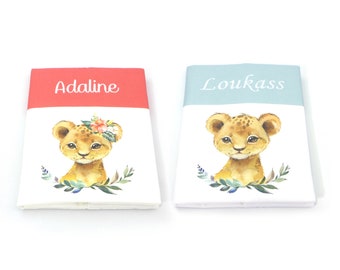 Protects personalized health book, embroidery name, lion theme (other animals possible)