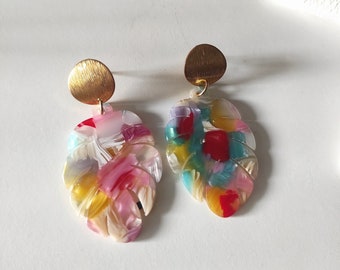 Earrings in the shape of multicolored colored leaves