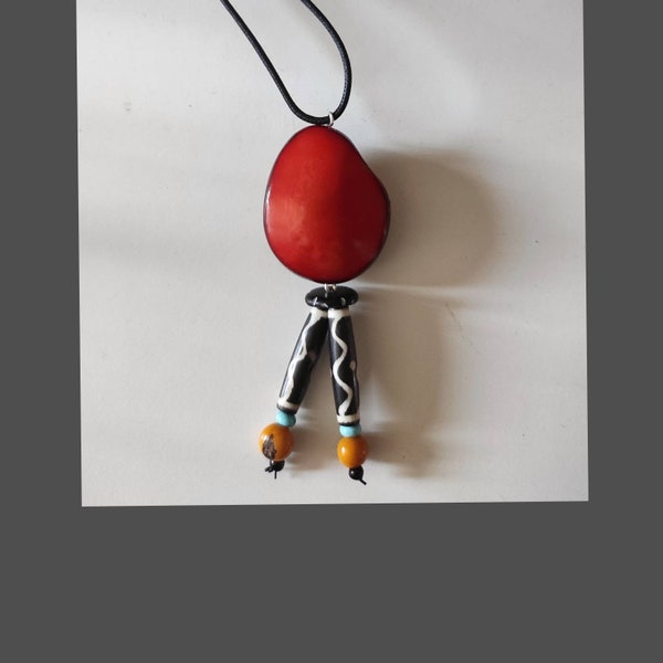 Collier en noix de tagua ou ivoire végétal orange graines perles en os et coton ciré