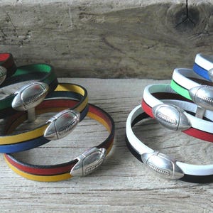 European two-tone leather Rugby bracelet with silver-plated rugby ball magnetic clasp