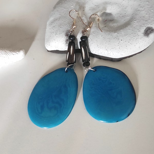 Blue vegetable ivory tagua nut slice earrings