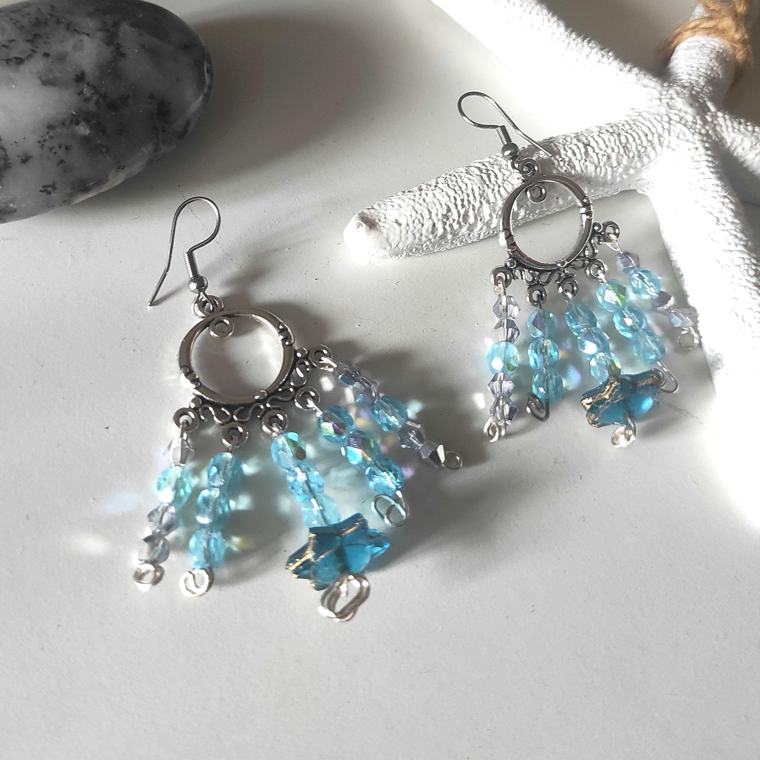 Boucles D'oreilles Crochet Chandelier – Arc-en-ciel, Bleu Marine, Orange – EH5