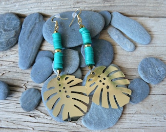 Large green and gold monstera leaf earrings