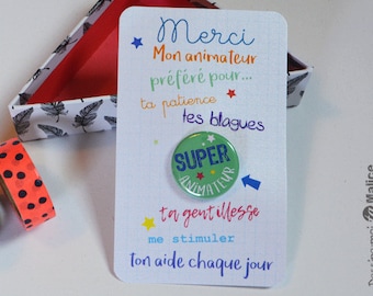 Carte badge animateur, badge animateur , carte merci