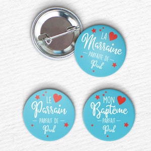 Trois Badges bleus parrain, marraine et prénom pour bapteme