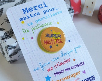 Cadeau maitre ,  Carte badge , badge personnalisé , badge orange , carte merci