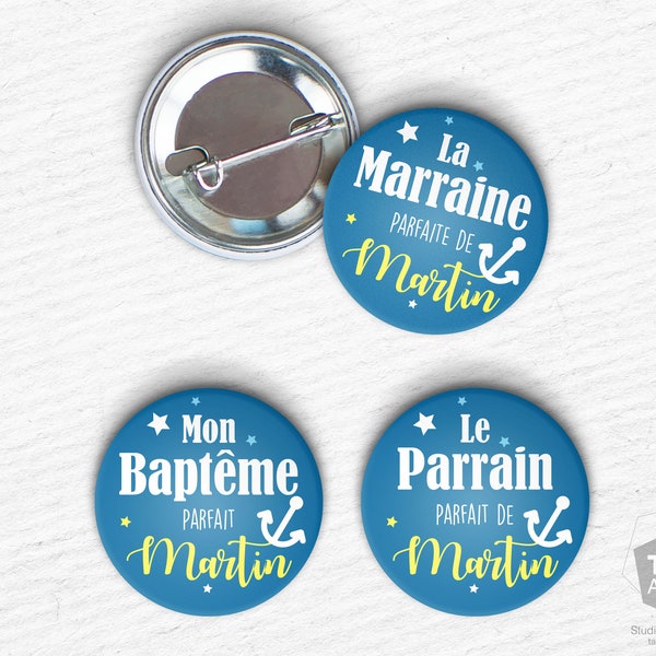 Trois Badges Marins parrain, marraine et prénom pour bapteme