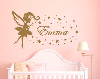 Nursery Personalized Girl's Name Wall Decal, Fairy Wall Sticker, Fairy, Star, Removable Vinyl Sticker for Kids, Wall Art 002