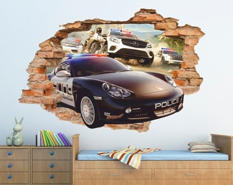 Police Wall Sticker, Pursuit Wall Decal, Porsche, Police Car, Removable Vinyl Sticker for Kids, Wall Art, Decor
